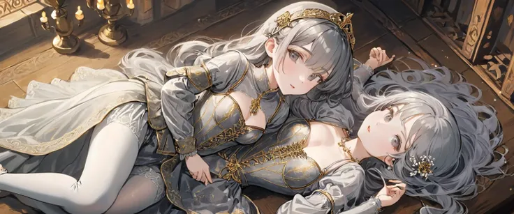 Girls in the Middle Ages、 Gold and silver embroidery、underwear姿、Knee-length semi-transparent drawers（underwear）Wearing、Wearing a semi-transparent corset、 Grey translucent tights、Lying down、White Grey Pearl Medieval Long Dress