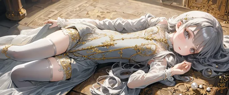 Girls in the Middle Ages、 Gold and silver embroidery、underwear姿、Knee-length semi-transparent drawers（underwear）Wearing、Wearing a semi-transparent corset、 Grey translucent tights、Lying down、White Grey Pearl Medieval Long Dress