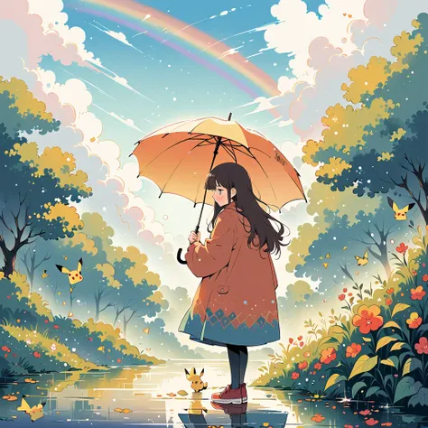 ((anime:1.4,illustration)),(masterpiece, top quality, best quality),(ultra-detailed, absolutely resolution),((16k, high res)), (((Pikachu holding an umbrella in the rain, a rainbow is out, the sky is half sunny and half rainy)) ((cozy lofi illustration:1.4...