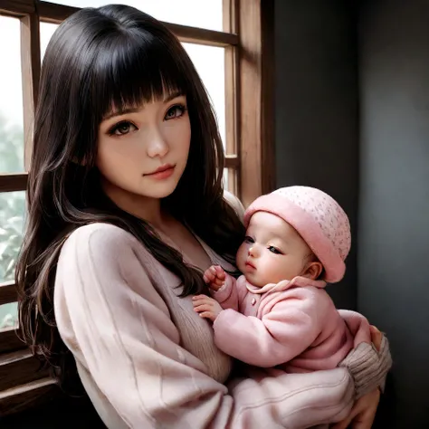 Mother with brown bangs and brown clothes, Holding a girl with long hair, Black bangs and pink newborn outfit, nursery school.Photorealistic, Highest quality, Super detailed, Soft natural light from a window Nikon Z6 camera 35mm lens aperture f/2.8 Manual ...