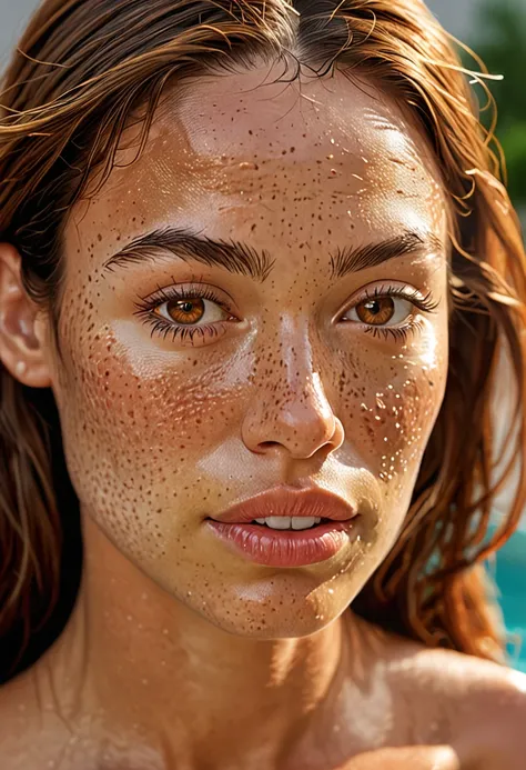 A hyper-realistic, front-facing portrait of a Colombian woman with long, flowing brown hair. She has smooth, radiant skin with a few delicate freckles across her nose. Her eyes are light brown but not too bright, and her lips are normal, not too full. Behi...