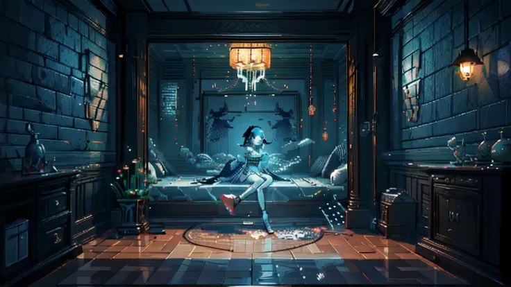 A room late at night with stylish pixel art pieces