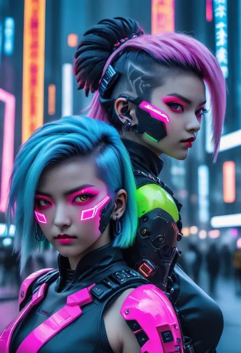 masterpiece, highest quality, two confident cyberpunk girls, harajuku cyberpunk costume, bold colors and patterns, eye-catching ...