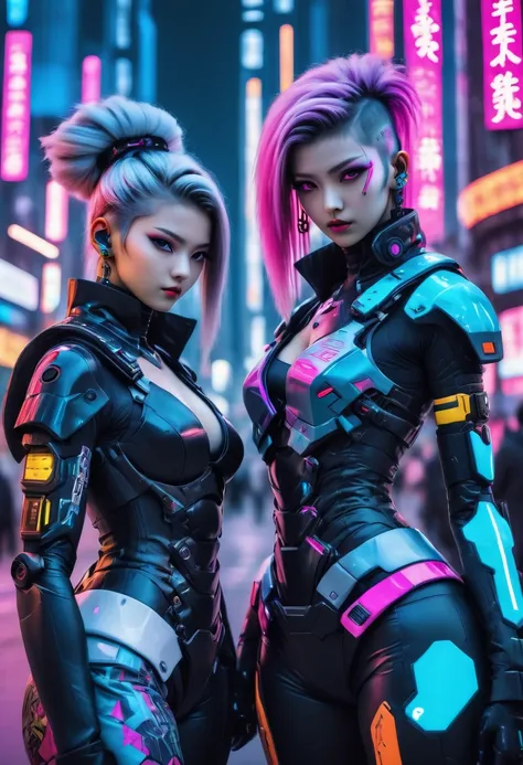 masterpiece, highest quality, two confident cyberpunk girls, harajuku cyberpunk costume, bold colors and patterns, eye-catching ...