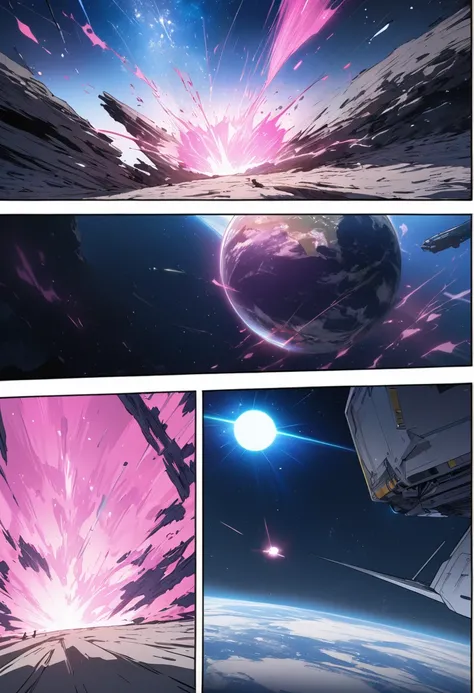 (((highest quality)), ((masterpiece)), (detailed)), manga anime scene, showing Earth in space, pink aura and blue sparks emerging from Earth and heading into space, comic e-book storyboard, HD, 4K, three HQ panels, RPG