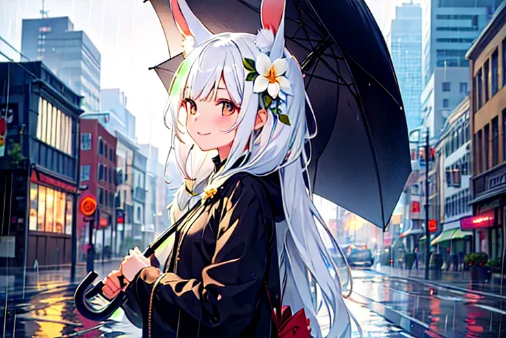 This is a cute girl digital art, 1girl, rabbit ear, flower, long hair, white hair color, solo, smile, hair flower, hair ornament, bangs, city, rain, raining , umbrella, holding umbrella, looking away, looking up, 