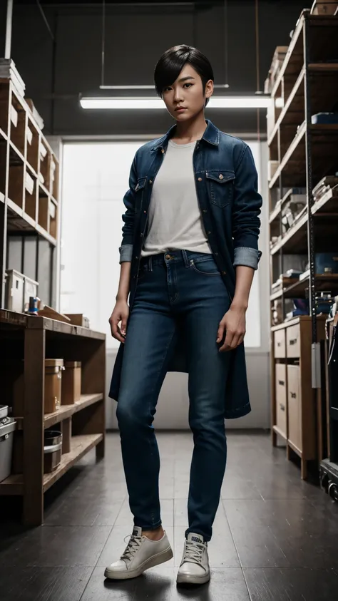 {{masterpiece, best quality, extremely detailed CG, unity 8k wallpaper, cinematic lighting, }}, Sony α7, wide frame, A short haired Japanese girl crossdressing as a man wearing mans jacket, shirt, long jeans, and shoes standing in a workshop with cool pose...