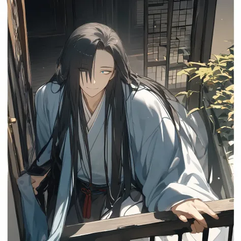 male、Solitary,Black Hair、Long hair、The bangs are divided into left and right、Heterochromia ,{(Odd Eyes) ,( Black strange eyes)}、balcony、Gentle smile、Hanfu