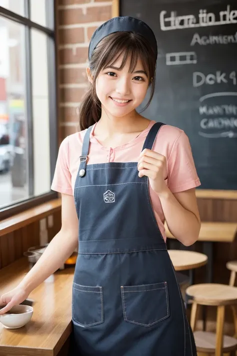 Female college student working at a cafe。She is wearing an apron and brewing coffee