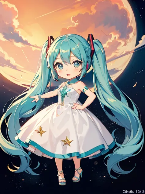 (Evening Dress:1.5), Hatsune Miku, (chibi:1.5), full body, Big Eyes, (masterpiece), highest quality