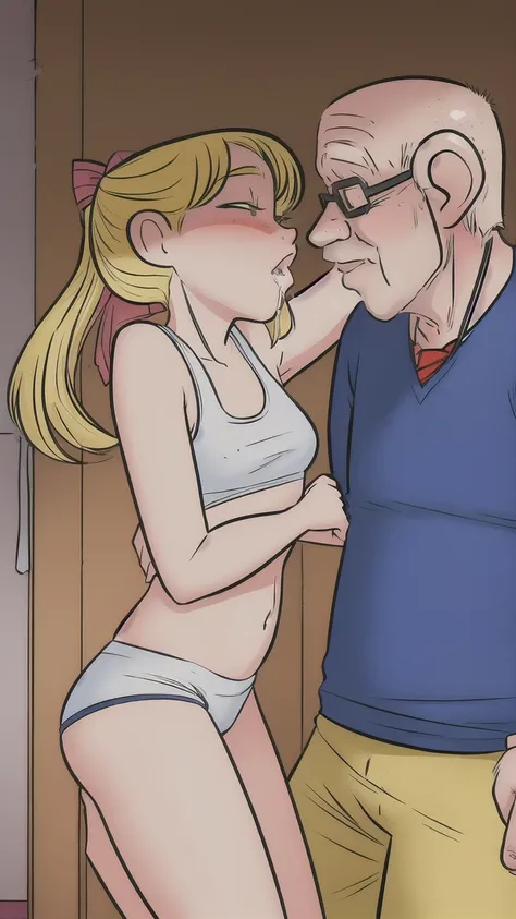 1girl, sexy 12yearold blonde cheerleader is in her underwear and is french_kissing her ugly 87yearold male teacher for grades after class. 1 ugly old man nsfw