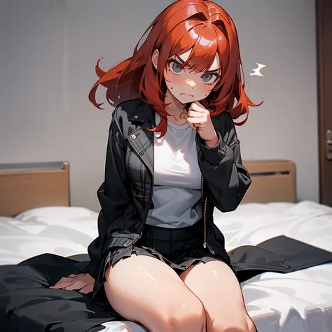 A 14 year old girl with a toned and curvy body, she has light red hair, an angry face..but also cute, she is wearing a short black skirt, a white shirt and on top a black and gray plaid jacket and she is in a dorm sitting on a bed