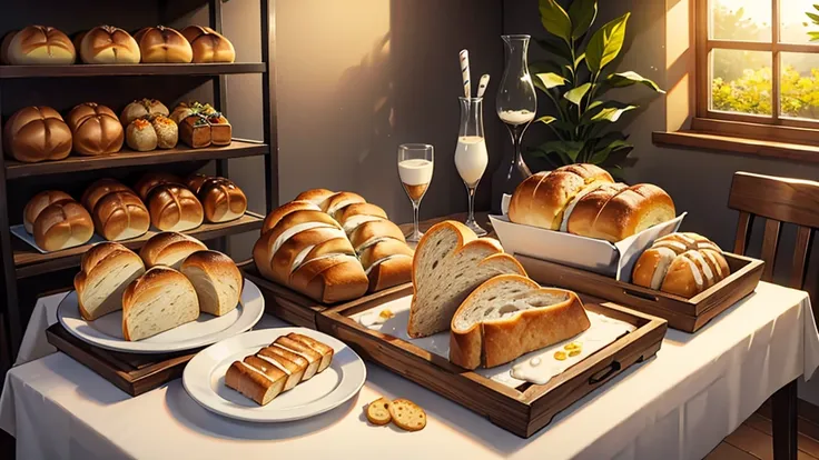 Bread, glass of milk, various snacks on the table