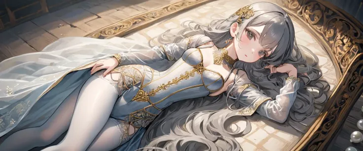 Girls in the Middle Ages、 Gold and silver embroidery、underwear姿、Knee-length semi-transparent drawers（underwear）Wearing、Wearing a semi-transparent corset、 Grey translucent tights、Lying down、White Grey Pearl Medieval Long Dress