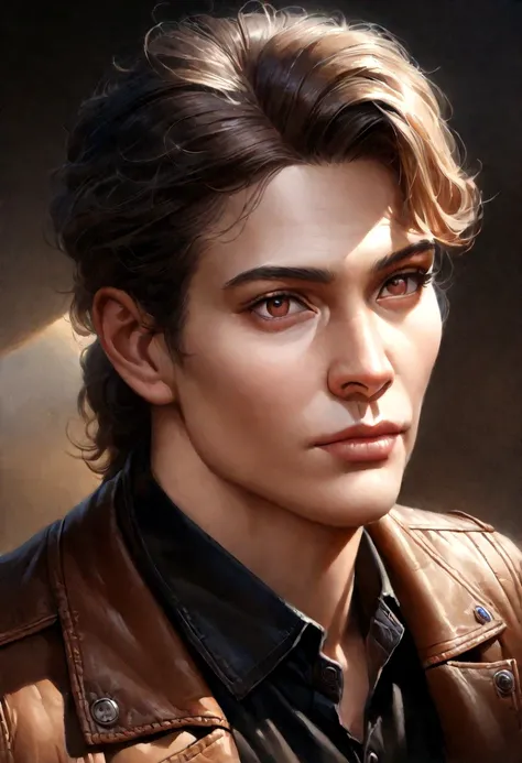 (best quality,4k,8k,highres,masterpiece:1.2),ultra-detailed,(realistic,photorealistic,photo-realistic:1.37), young man , mappa art style,  heart-shaped face,   almond-shaped structure brown eyes with positive canthal tilt , dark brown hair , his hair is me...