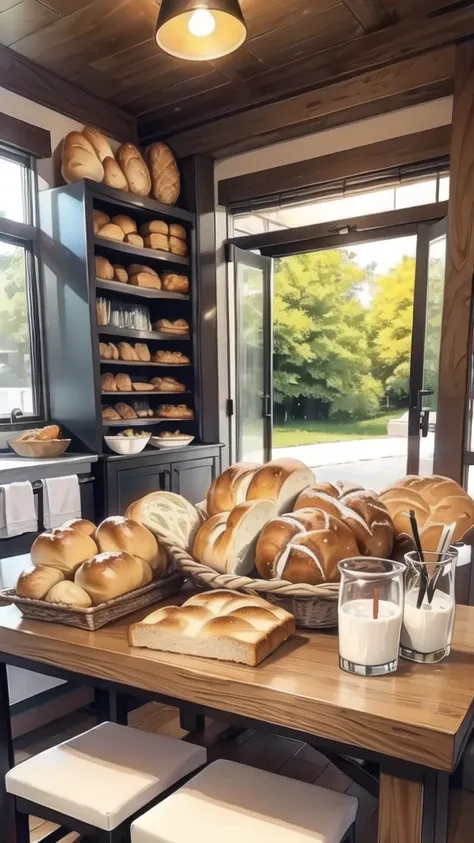 Bread, glass of milk, various snacks on the table