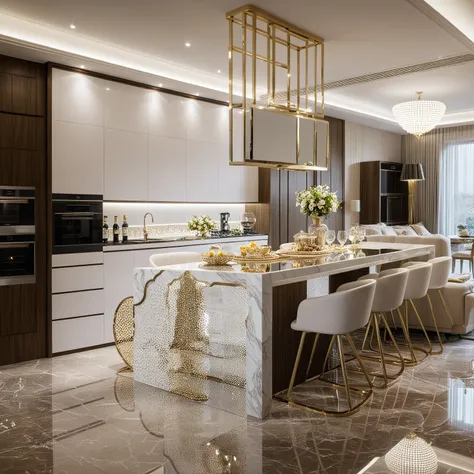 ,Masterpiece, Best quality,8K, Ultra-high resolution,When you step into the DINNING room  AND KITCHEN ,Immediately surrounded by a rich atmosphere of luxury. The space  was covered with a soft white fluffy blanket,It is so comfortable,So much so that you c...