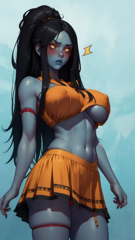 The spirit, very long hair, black hair ,(((blue skin))), yellow eyes,navel, Alone, standing,upper body, blush,  ashamed,  underboobs, 
SpiScho,
,
skirt,
nails,
black panties,
black thighs,
Shoes,
Neckband,
standing, Upper part of the body, 
(incredibly det...