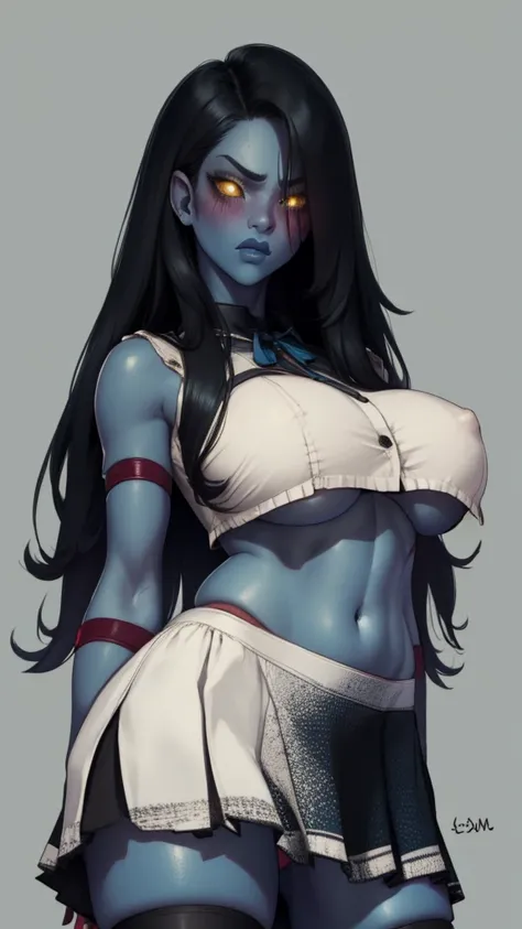 The spirit, very long hair, black hair ,(((blue skin))), yellow eyes,navel, Alone, standing,upper body, blush,  ashamed,  underboobs, 
SpiScho,
,
skirt,
nails,
black panties,
black thighs,
Shoes,
Neckband,
standing, Upper part of the body, 
(incredibly det...