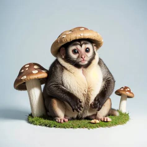 Small Animals, mushroom mixed with Slow lorises, has beard, fat,Grassroots, no background