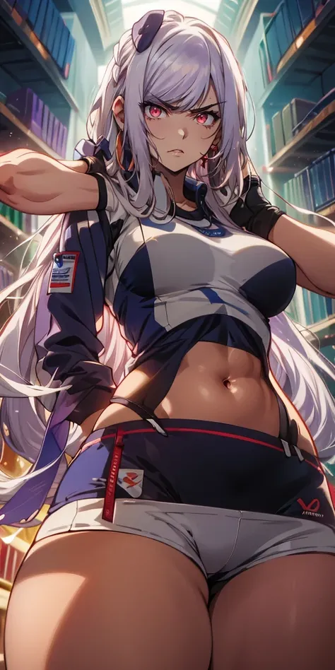 (silver hair:1.3), long hair, ribbon, twintail, red eyes, 1girl, jewelry, breasts, gym_leader, solo, hoop_earrings, underboob, belly_chain, abs, shorts, navel, gloves, looking_at_viewer,  sportswear, simple_background, toned, tankini, hollow eyes, red eyes...