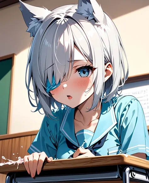 Silver Hair、Wolf ears、tail、Cool、Short Hair、boyish、Hair covering one eye、Small breasts、Licking a dick、Blowjob、Semen is splashed on my face、Expressionless、classroom、high school student