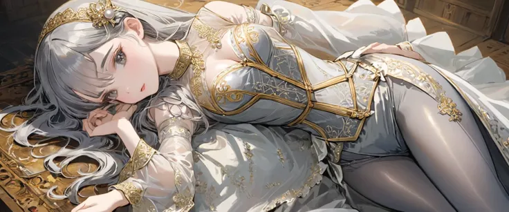 Girls in the Middle Ages、 Gold and silver embroidery、underwear姿、Knee-length semi-transparent drawers（underwear）Wearing、Wearing a semi-transparent corset、 Grey translucent tights、Lying down、White Grey Pearl Medieval Long Dress