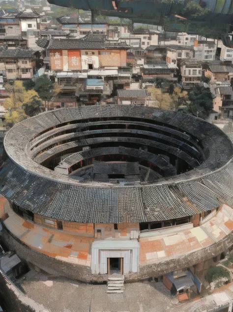 村庄里的Circular Building，Earthen Building，With a round roof, Circular Building, ancient Chinese Architecture, Chinese Architecture, In the center of the circular ruins, Epic spacious courtyard, Chinese Architecture, background, Mini Amphitheatre, drone shot, ...