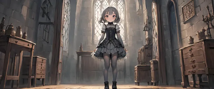 8 year old medieval girl, underwear姿、Translucent knee-length drawers（underwear）Wearing、Wearing a semi-transparent corset、 Grey translucent tights