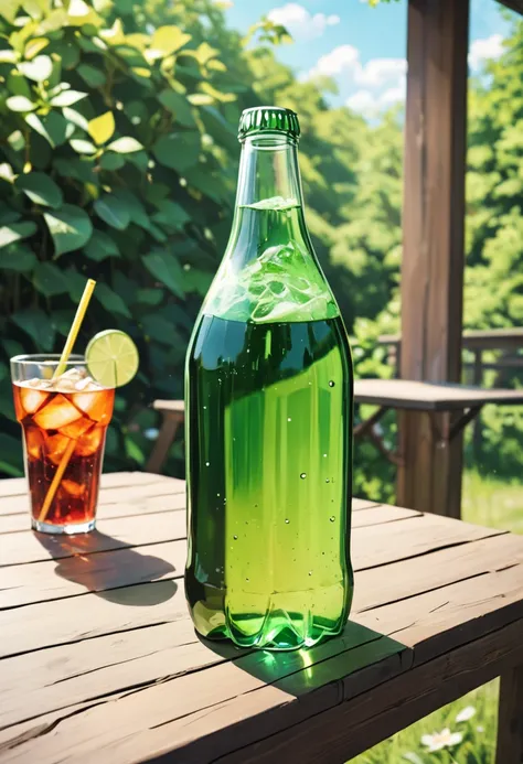 a green glass bottle of soda, on the table, summer noon,