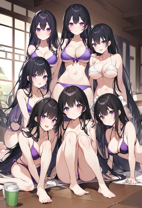 Wearing a purple bikini、barefoot。hair is black、Purple eyes。Breasts are K cup。The skin is white and、Long hair。Has one brother and one sister。My sister has an E cup。All of them have black hair。6 siblings。It&#39;s like diving into the ocean and looking at the...