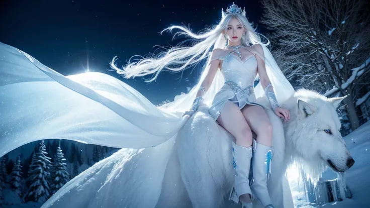 (( Elf girl with long white hair, blue eyes, good shape, long white dress, cape, ice crown, ice earrings )), (( Riding on the back of a large thick white-haired wolf Fierce, scary, majestic. )), full body image, Look at the camera., Front camera angle: Wil...