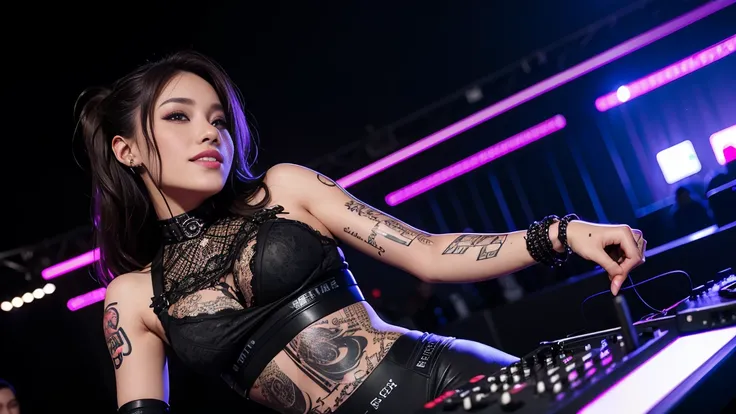 techno music, house music, dancing girls, DJ girl, realistic, high res, black lace up panties, bondage fashion, tattoos, piercing, brads, live music, class, dj at a nightclub dancing inspired, looking into camera, smile, wide shot, cinema lens, skin glow