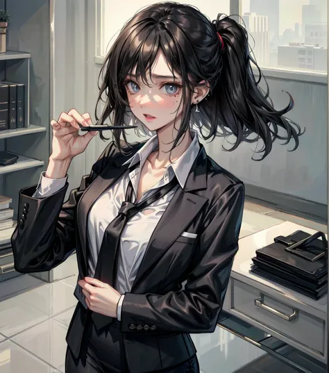 whole body, medium tits, medium hair, black hair, tearful mole, earring, business suit, blazer, pencil skirt, collarbone, shirt, tie,