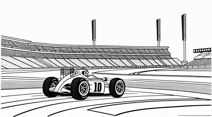 Coloring book page, beautifully drawn, black and white version and color, racing car on the track, simple line, illustration, ink drawing, very visible thick outlines, clean lines, line drawing, clipart. A car moves along the road, another one catches up w...