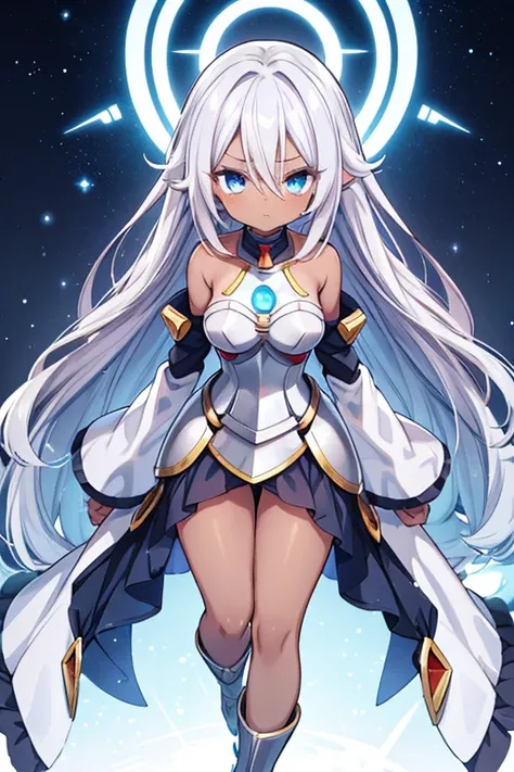 18-year-old girl, Messy hair (like Android 21), Broken hair, Silver hair with light blue tones, Light blue eyes, Brown skin, Dark skin, Silver dress with light blue, Long sleeves, Paladin-type clothing, Bare shoulders, expression: shy, full body image.