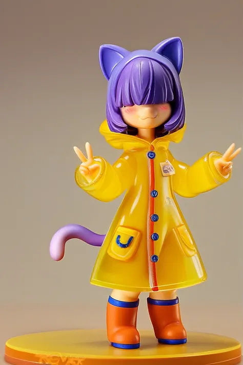 masterpiece, best quality, amazing aestethics, 4k, 1girl, orange raincoat, cute, (pvc figure style:1.4), figure, solo, (orange raincoat, baggy clothing:1.3), perfect fingers, hand inside pocket, hand doing peace sign, thick thighs, hood down, blush, short ...