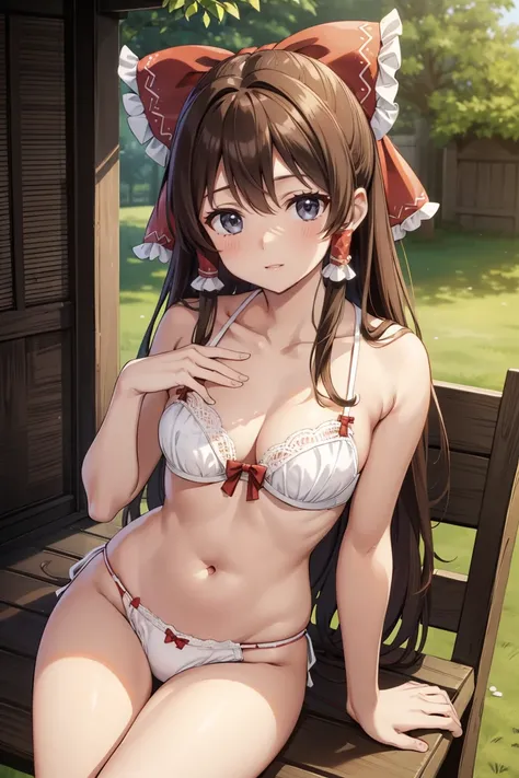 Reimu Hakurei, (Brown eyes:1.5), Brown Hair, bow, hair bow, Hair Tube, Long Hair, red bow, Side Lock,
Blake Ascot, (((Cute white bra、Cute white panties)))、Sit on a chair、
BREAK Watch Viewers,blush、Surprise face、
Outdoor rest, shrine,Cowboy Shot,Smile Break...