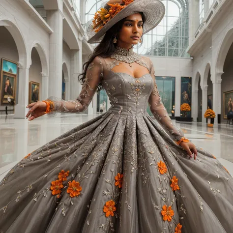 stunning (((brown indian girl))) adorned in a breathtaking, ((grey floral)) (((art piece dress with orange flowers))), intricately detailed and flawlessly fitted to her body. The garment, inspired by impressionism art with vibrant ((orange hues)), is embel...