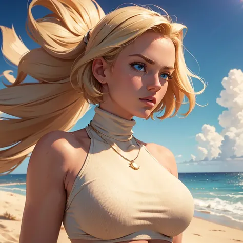 (8K、masterpiece, highest quality, High resolution,super resolution,Super detailed). (Beach sand). 1 blond girl. Huge breasts
cinematic style. (Short hair blowing in the wind). Blue eyes, necklaces,. Turtleneck crop top