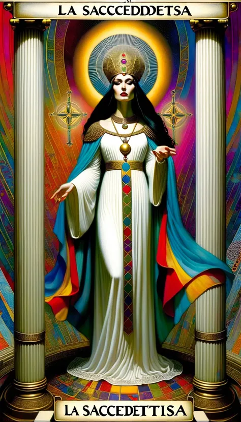 tarot card, the priestess, woman between two columns, one white column and one black column, FULL frames of tarot cards ((text on card: "LA SACERDOTISA")) (by dave mckean, intricate details, oil). bright colors, oil paint)
