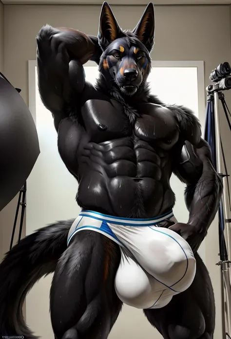 Muscular black jackal standing while posing seductively doing a photo shoot for the viewer showcasing their large veiny muscles while presenting their huge penis shaped bulge in their underwear, Masterpiece, highly detailed image, highly detailed genitalia...