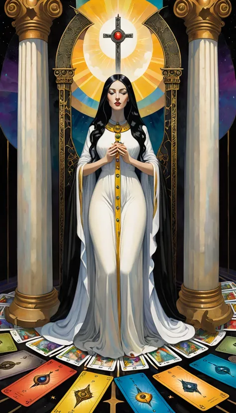 tarot card, the priestess, woman between two columns, one white column and one black column, FULL frames of tarot cards ((text on card: "LA SACERDOTISA")) (by dave mckean, intricate details, oil). bright colors, oil paint)
