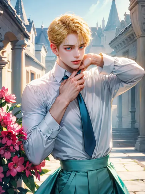 A boy, short blonde hair, sky blue green eyes. He wears a white shirt with a fuchsia tie, fuchsia pants. Handsome boy, detailed eyes, detailed face, detailed hands. He looks at the viewer. Full figure. Background a castle