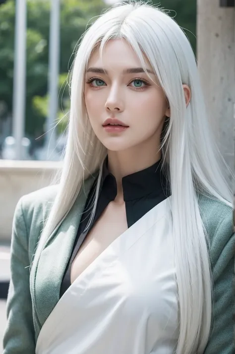 White hair，Green eyes，Handsome face，woman，Mullet head，Bust