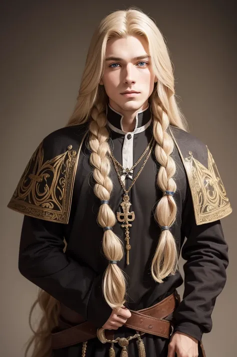 various poses of a young man with long blond hair and clothes of a medieval explorer and a Russian folk mask , (detailed), perfect face