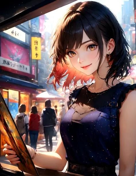 Shinjuku, Cute casual clothes,On a date,Blur the background,high school girl,smile,Glitter effect,Highest quality, 4K, 8K, High resolution, masterpiece:1.2, Very detailed, Realistic:1.37, High resolution, 超High resolution, Ultra-fine painting, Sharp focus,...