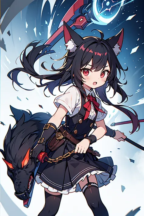 black long straight hair,hyper cute small young shota,
fenrir shota,ultra frilly miniskirt dress,garter stockings,
Fighting with giant axe in hand,in tokyo,