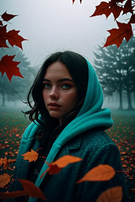 (high detail:1.2) portrait, young woman,(cinematic lighting, gentle colors),(falling leaves:1.2), calm lighting, wind, fog. turq...