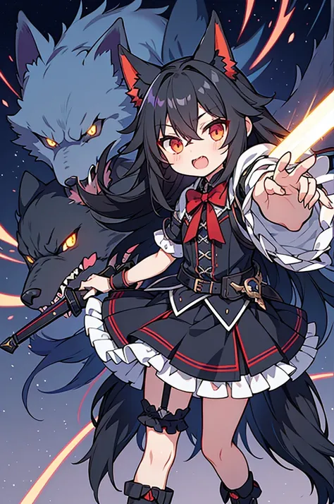 black long straight hair shota,hyper cute fenrir shota,ultra frilly miniskirt dress,holding glowing claw weapon,fenrirs claw attack,garter belt,